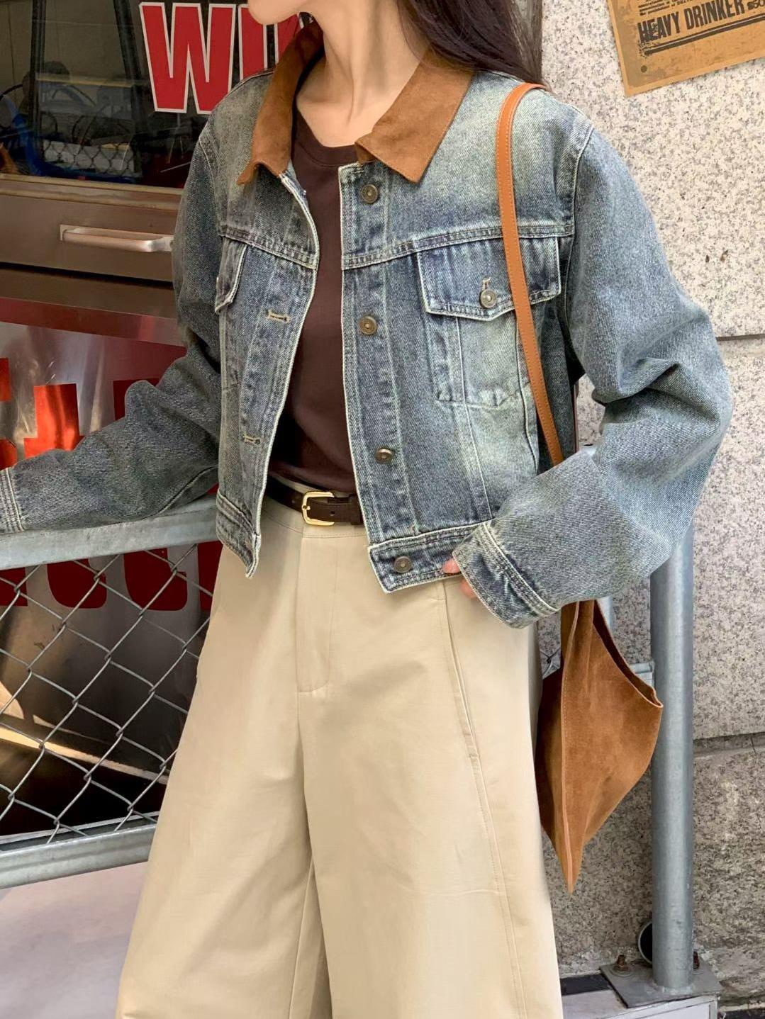 拼接領洗色牛仔外套